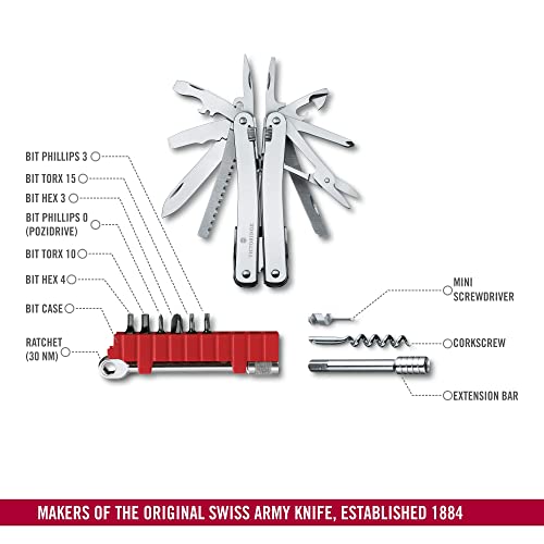 Image of Victorinox Swiss Tool Spirit X Plus Ratchet Swiss Army Knife, 36 Function Swiss Made Multi-Tool with Needle-nose Pliers and Leather Pouch - Silver