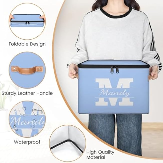 Custom Storage Basket with Name, Personalized Storage Bins with Zipper Lid, Foldable Fabric Storage Box Large capacity with Handle Blue