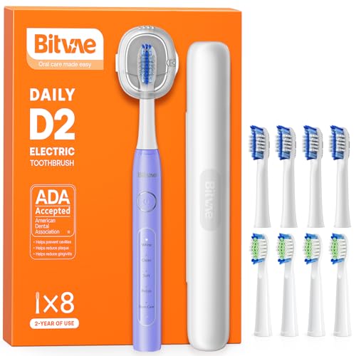 Bitvae Ultrasonic Electric Toothbrush for Adults and Kids, ADA Accepted Travel Electric Toothbrush with Rechargeable 60-Day Battery Life, 8 Toothbrush Heads, 5 Modes, Toothbrush Holder, Purple