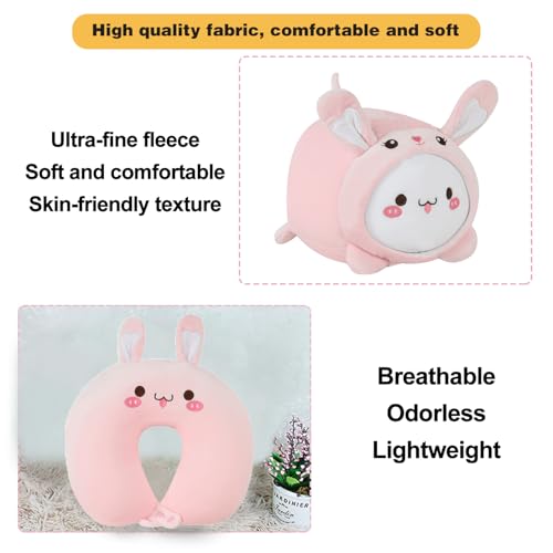 Image of Kids Travel Pillow - 2-in-1 Deformable Kids Neck Pillow for Traveling, Soft U-Shaped Pillow with Adorable Animal Design, Comfy Sleep and Play, Ideal for Airplanes and Traveling (QQ Pink Rabbit)