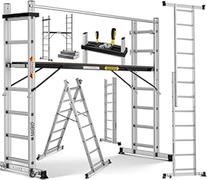 Masko® Baugerüst Alugerüst Gerüst 𝟰𝗶𝗻𝟭✓ Anlegeleiter ✓ Bockeiter ✓ Arbeitsgerüst ✓ treppenleiter✓ Arbeitsbühne | bis 150 KG belastbar | Anti-Rutsch beschichtet | Gerüstleiter | GS geprüft (EN 131)
