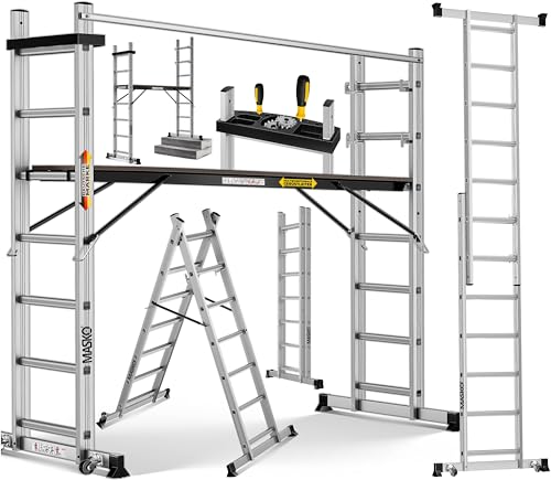 Masko Andamio de aluminio para andamios, escalera de apoyo, andamio, escalera, escalera, escalera, plataforma de trabajo, soporta hasta 150 kg, revestimiento antideslizante, escalera de andamios