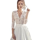 Hochzeitskleid Wedding Dresses Brautkleider Spitze Tiefer V Ausschnitt Hohe Taille Lange Ärmel Bodenlange Brautkleider,White,XS(Within 49KG)