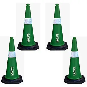 LADWA Industrial Accident Road Safety Cone Pack of 4, 750mm, 4 Traffic Safety Green Cones + 4 mtr chain + 4 Hooks with Black Rubber Weighted Base and Highly Visible Reflective Collar