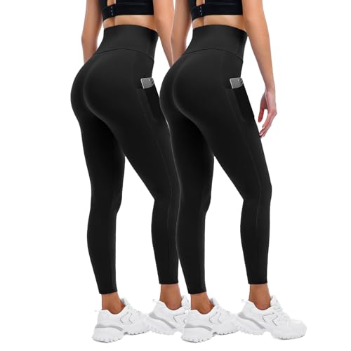 Sanpetix Leggings for Women UK with Pockets 2 Pack Gym High Waisted Leggings for Workout Running Yoga Black LXL