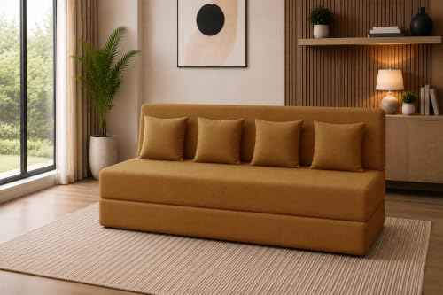 Image of Sofa Cum Bed with Jute Fabric, Convertible Four Seater Sofa Bed 6x6 Ft, Comfortable Cushioned Seating, Space Saving Design for Living Room, Bedroom & Guest Room - Golden Color