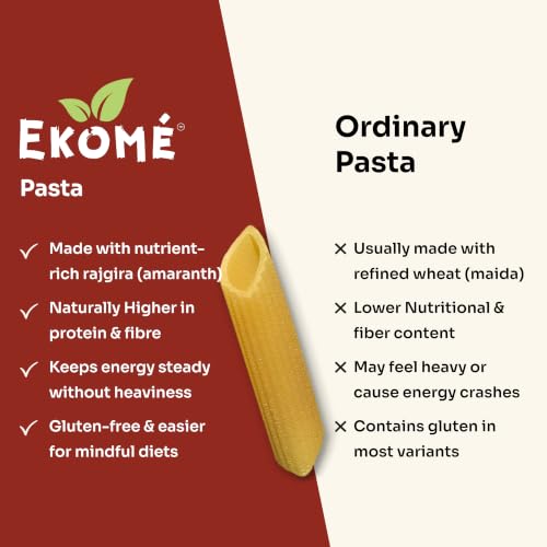 Image of Ekome Rajgira Penne Pasta 400g | Amaranth Ancient Grain Pasta | Gluten Free, High Protein, High Fibre | Vegan, No Maida, No Refined Flour | Digestive-Friendly Pack | Made in India