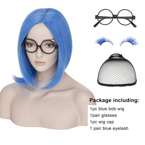 Image of S-noilite Blue Sadness Costume Wig with Glasses Short Blue Bob Wigs Synthetic Hair for Women Halloween Anime Cosplay Party