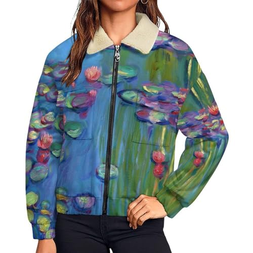 Chaqueta de peluche cálido para mujer estilo pintura al óleo con acabados gruesos de invierno