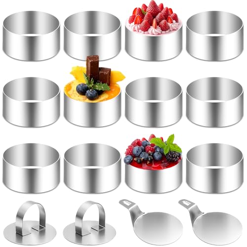 Aurinovellia 12 Stück Dessertringe Set, Edelstahl Speiseringe mit 2 Bodenplatten und 2 Deckeln, Rund Kleine Servierringe, Mousse Mini Tortenring, für Mousse, Kuchen, Gebäck und Desserts 8 × 4 cm
