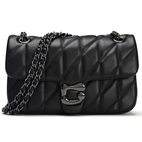 Bolsa tiracolo acolchoada para mulheres moderna - Bolsa de ombro feminina de couro, bolsa de mão de designer para noite com alça de corrente, Preto - 1, 25.5 cm (L) x 8 cm (W) x 14 cm (H)