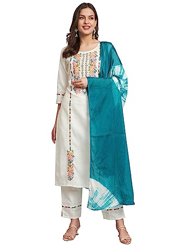 Image of VredeVogel Women's Cotton Blend Kurta Pant Set with Chanderi Silk Dupatta