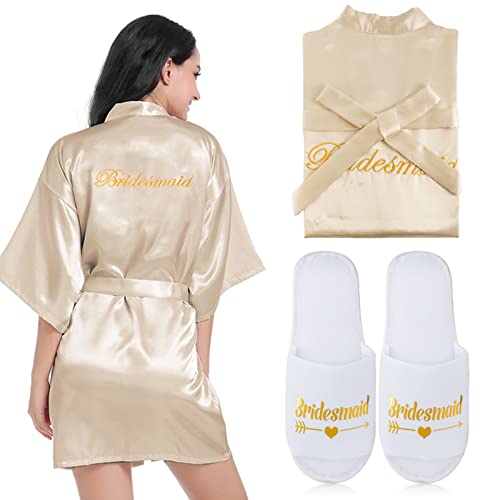 BOFUNX Damen Morgenmantel Brautjungfern + Hausschuhe, Satin Kimono Kurz Robe Bademantel für Brautjungfern Hochzeit Pool Party und Pajama Party Champagner Cover