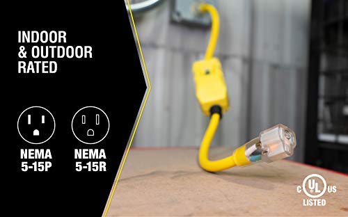 Woods 2817 Jacket Contractor Grade Sjtw Super Flexible Extension Cord With In-Line Gfci And Lightened End; 3 12 Awg; 15 A; 1-Outlet; Yellow #TOP4