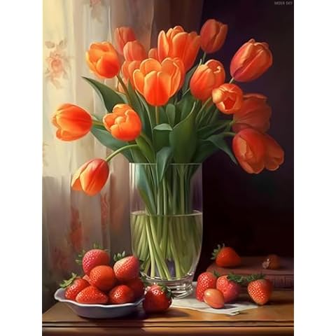 MOER SKY Strawberries and Tulips 5D Large Diamond Painting Kit for Adults, Diamond Art Kit for Adults, Large Size Diamond Painting Kit for Farmhouse Home Wall Decor Gifts 12x16inch/30x40cm Cover