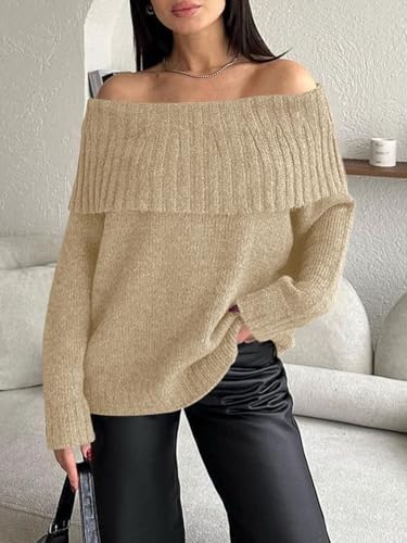 Image of Saodimallsu Womens Off The Shoulder Sweaters Oversized Long Sleeve Loose Ribbed Knit Fall Trendy Pullover Tops