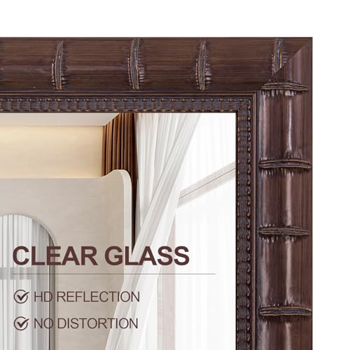 Image of 60'' x 30'' Large Brozne Mirror for Living Room, Antiuqe Wall Mirrors with Bamboo-Joint Frame, Classic Vintage Brozne Wooden Mirror for Entryway, Fireplace, Horizontal /Vertical