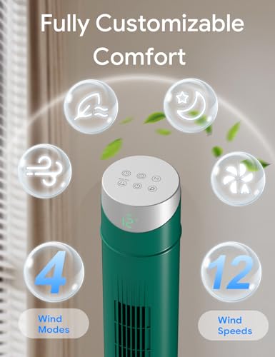 Image of ZAFRO Smart Tower Fan for Bedroom,120 Oscillating Fans that Blow Cold Air | 28ft /s High-Speed 12 Speeds 4 Modes Upgraded DC 22dB Ultra Quiet,App /Voice Control,Standing Fan with 12H Timer,36Inch,Green
