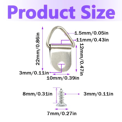Image of 100Pcs Picture Hanging Kit Small D Ring Picture Hangers Triangle Ring Picture Hangers Hook with Screws Metal Canvas Hanger for Photos Frame Paintings Artwork (Silver /XS)