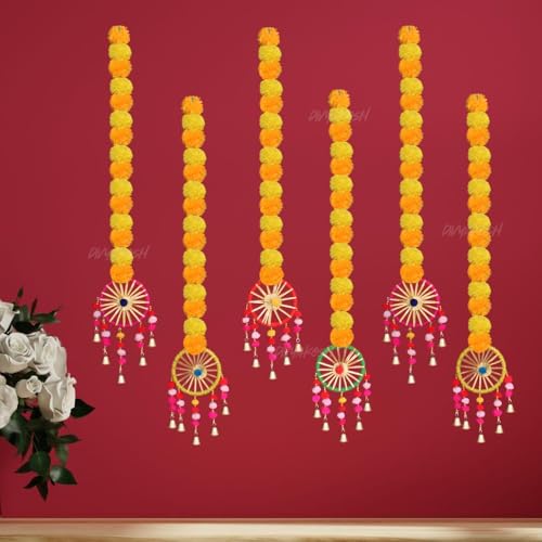 Image of Divyakosh Hangings for Home Decoration Pack of 6, Marigold Flowers Hanging | Diwali Decoration Items | Export Quality Genda /Fluffy Flowers,Shiny & Round |, 91.44cm