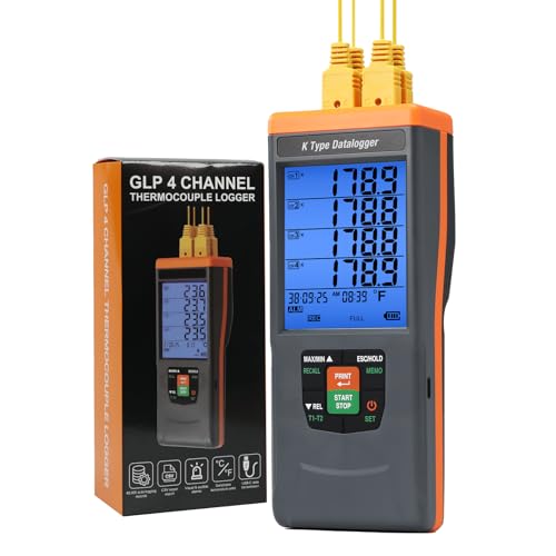 Thermoelement-Thermometer Temperatur-Datenlogger 4-Kanal-K-Typ-Thermometer mit 48.000 Datensätzen -200~1370C Messbereich Alarmfunktion (akustisch & optisch) Datum & Uhrzeit