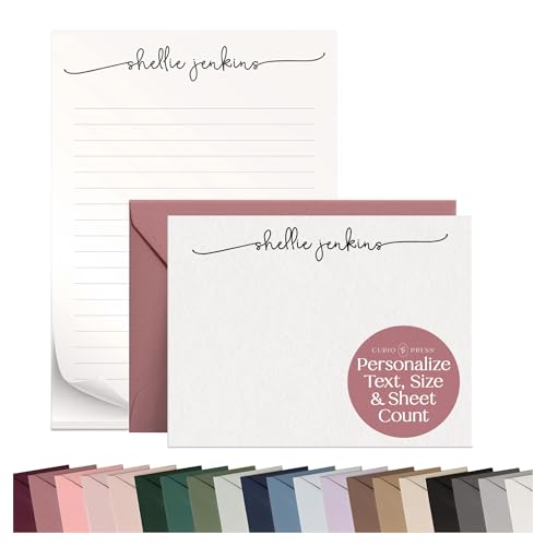Image of Personalized Stationery Set, A2 Flat Custom Note Cards with Envelopes & Stationary Notepads for Women & Men, Script Font Custom Stationery for Notes, To Do Lists and Gift - Swash Pad & Flat Set