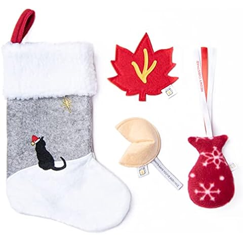 Christmas Stocking for Cats with 3 Holiday Toys: Fortune Cookie with a Message from Santa, Fleece Fish, and Crinkly Maple Leaf Cover