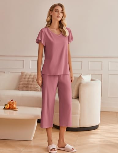 Image of Ekouaer Womens Cotton Pajamas Sets Short Sleeve Capri Pants with Pockets