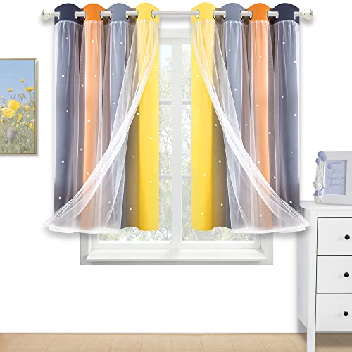 Kinryb Christmas Star Cut Out Double-Layer Dressing Beige Sheer Plus Blackout Curtains For Girls Bedroom/Living Room Window Treatment Rainbow Yellow 1 Pair 52" W X 36" L Tie Backs Included #TOP11