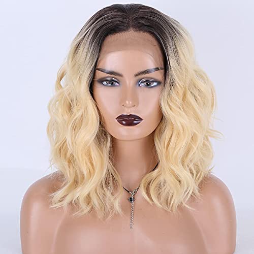 Miss Diva 13×4 Short Blonde Bob Wigs 613 Natural Wavy Wigs Shoulder Length Bob Wig With Dark Root Synthetic Lace Front Wigs 14" For Women Replacement Wigs