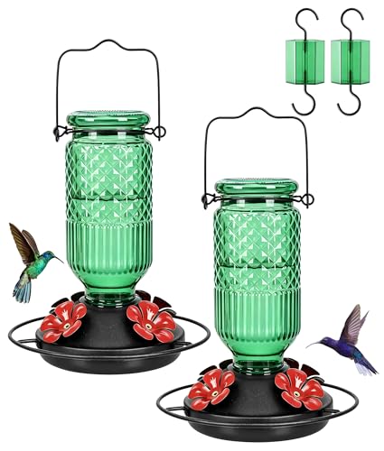 Image of FEED GARDEN Glass Hummingbird Feeder 2 Pack, 16oz Leak-Proof with Ant Moat & Bee Guards, Easy Clean Wide Mouth, Metal Perches, Green Outdoor Hanging
