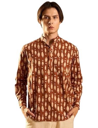 Image of DEELMO Men's Cotton Blend Printed Long Sleeve Short Kurta | Stylish Casual & Ethnic Wear | Comfortable Mandarin Collar Kurta for Daily, Festive & Party Outfits
