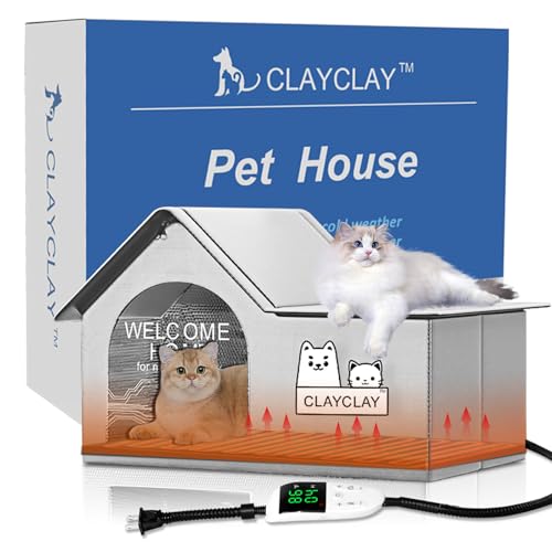 Heated Cat House for Outside Pets in Winter，Winter Shelter for Indoor Outdoor Ferals,Cats & Small Dogs with Heating Pad，Kitty Heated House with Waterproof Suitable for All Seasons(21"D x 15"W x 17"H)