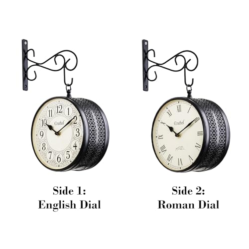 Image of CRAFTEL Double Sided Station Wall Clock Powder Coated Finish | English Roman Numerals | Aluminum Matte-Finish Dial Brass Body | Dial - 8 Inches, Matte Black | 365 Days Warranty