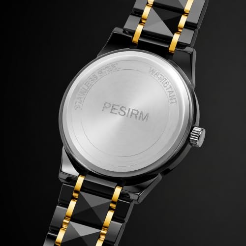Image of Watch for men,Men's skeletonized quartz watch with black and gold two-tone stainless steel case, analog display, date display, water-resistant, luminous display, men's waterproof quartz watch. (Black dial, black strap)
