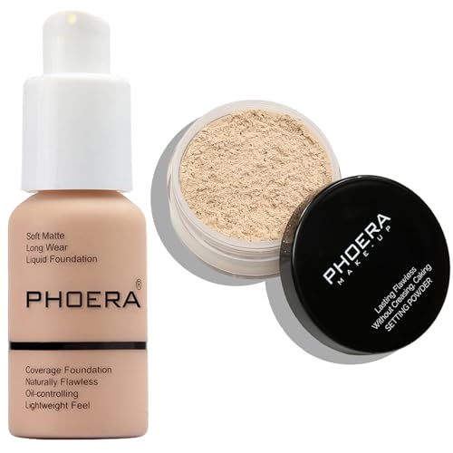 PHOERA Fond de teint, PHOERA poudre pour le visage, poudre fixatrice soft focus, PHOERA fond de teint à couverture complète (103 Warm peach+N.02 Cool Beige)