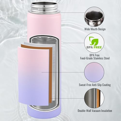 Image of Fijinhom Insulated Water Bottle with Handle, 304 Stainless Steel Water Bottles with Wide Mouth, Double Wall Vacuum Sports Water Bottle, BPA Free, Keep Cold and Hot, 24 Ounces, Pink /Purple