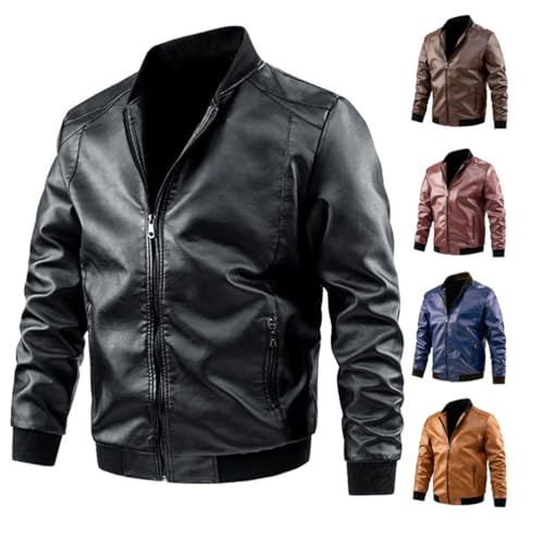 CNSTORE Jaqueta masculina de couro com gola alta para motocicleta, jaqueta de motociclista com bloco