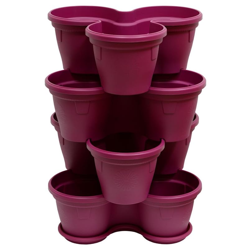 Engelland 4X Blumentopf, Säulentopf, Pflanzturm, Hochbeet, Pflanztopf-Kübel mit Untersetzer, stapelbar, widerstandsfähig, Kunststoff, für Außenbereich, 44 Liter, Farbe: Lila
