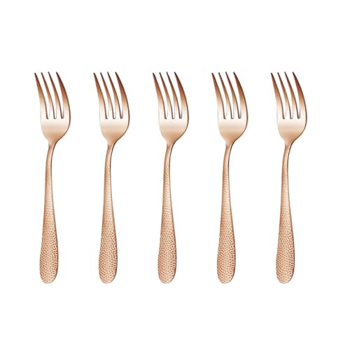 Image of 6.7 inch Rosegold Hammered Salad Forks | Set of 5 Durable Stainless Steel Fruit Forks | Mirror Polished Silverware for Home, Restaurants, and Gift Giving
