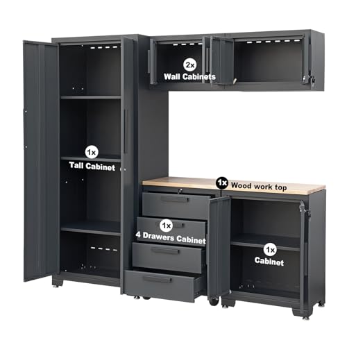 Image of Torin Garage Cabinets Storage System: 6 Piece Set with Lockers and Workbench for Home, Office, Gym, School, Black /Grey,AGPZ112B