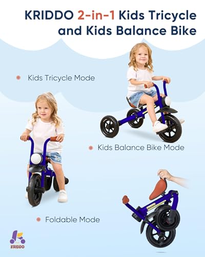 Image of KRIDDO 2-in-1 Kids Balance Bike and Kids Tricycle for 2 to 5 Year Old, Toddler Balance Bike with Detachable Pedals, Tricycles for 3-5 Year Olds with Stitched Soft Grip, Blue