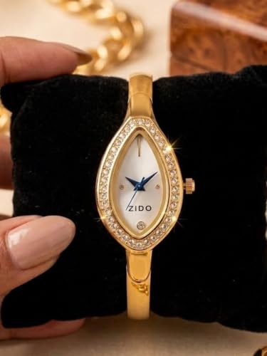 Image of Gold Snake Bracelet Watch for Women in Golden Black Colour, Black Teardrop Dial Analog Watch, Designer Jewellery Style, Party, Wedding 229