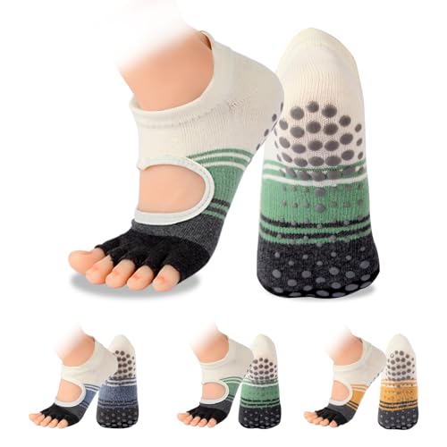 Toeless Pilates Socks with Grips for Women, Yoga Socks Barre Socks Non Slip, Cotton, Gifts For Dancer, Alpha, One Size, 3pair2