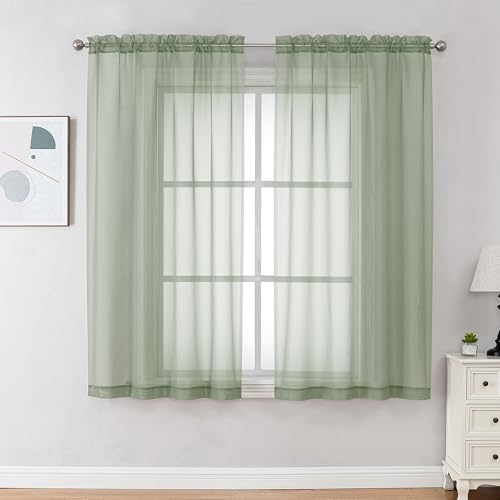 Image of OVZME Light Green Sheer Curtains 63 inch Length 2 Panels Set for Bedroom Living Room, Elegant Light Filtering Sheer Drapes Window Treatments, Each is 42W x 63L Inches, Sage Green