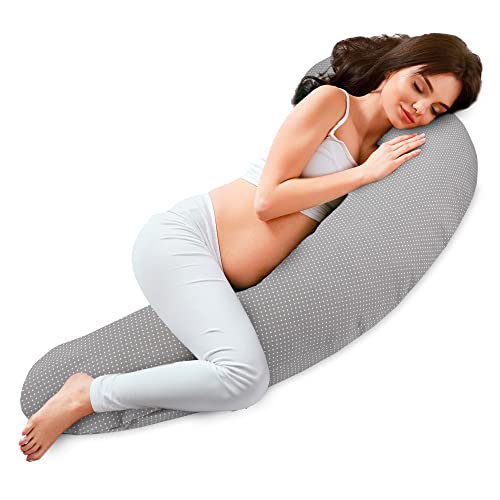 Totsy Baby Seitenschläferkissen 165 x 70 cm Komfortkissen Baumwolle - Schlafkissen mit Bezug Seitenschläfer Body Pillow mit Reißverschluss Pünktchen auf Grau Cover