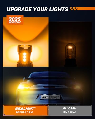 Image of SEALIGHT 7443 7440 LED Bulb Amber Turn Signal Lights, T20 7441 7444 992 W21W LED Light Bulb with Projector Len and Need Extra Load Resistor, Includes Additional Decoders, Pack of 2