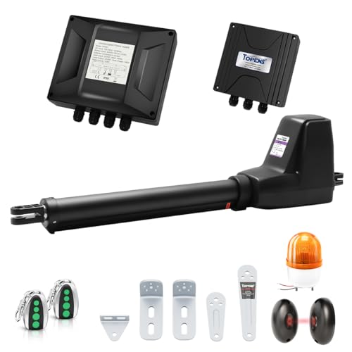TOPENS AT12131 Single Swing Gate Opener Heavy Duty Automatic Gate Motor for Single Swing Gates Up to 5.5m Electric Driveway Gate Operator AC Powered with Remote Control Beacon and Photo Sensor