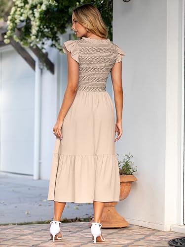 Image of Simplee Womens Summer Midi Dress Casual Boho Smocked Waist Flutter Sleeve A Line Flowy Tiered Dress with Pockets