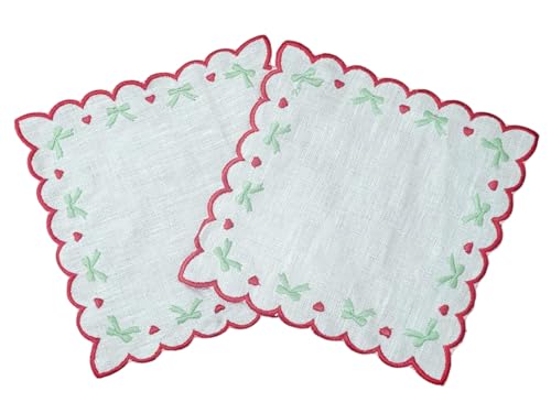 Servilletas de lino natural bordadas en verde, set x6 miniatura 1